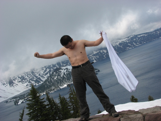 Half nude Woody on the rim of Crater Lake